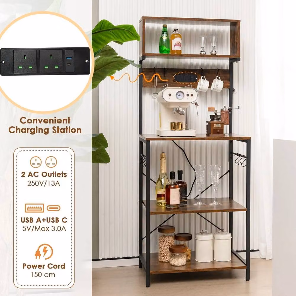 FORGEVIO Industrial Microwave Stand with Open Shelves and Hanging Rod, Brown, Height: 153 cm – 5