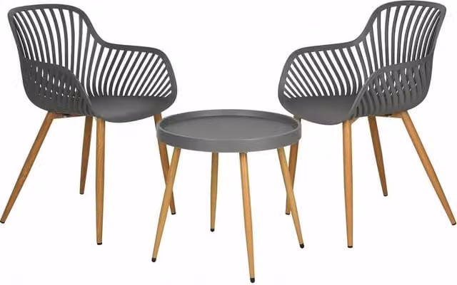 KORVIXA 3-Piece Grey Garden Bistro Set with Steel and Wood-Effect Legs – 1