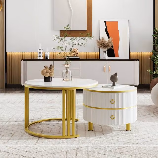 ModernLuxe Round Coffee Table and Side Table Set with White Marble Top and Storage Drawers – 1