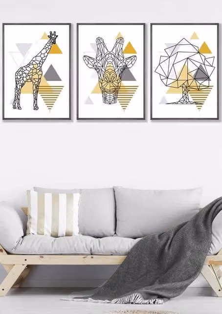 ARTZE Geometric Line Art Yellow Giraffe Framed Wall Art Set in Dark Grey, W: 53 cm, H: 73 cm, D: 2 cm
