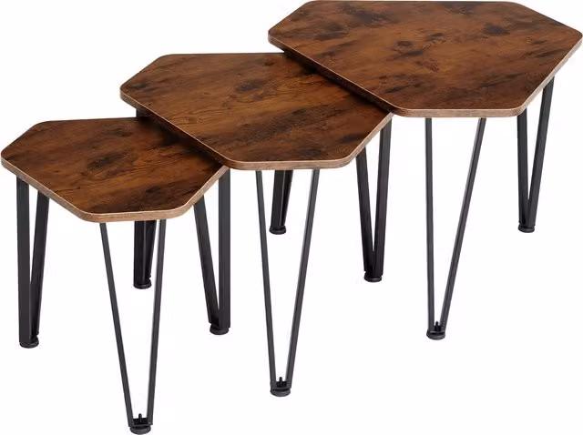 tectake Torquay Industrial Hexagonal Nested Side Table Set in Brown Oak and Metal