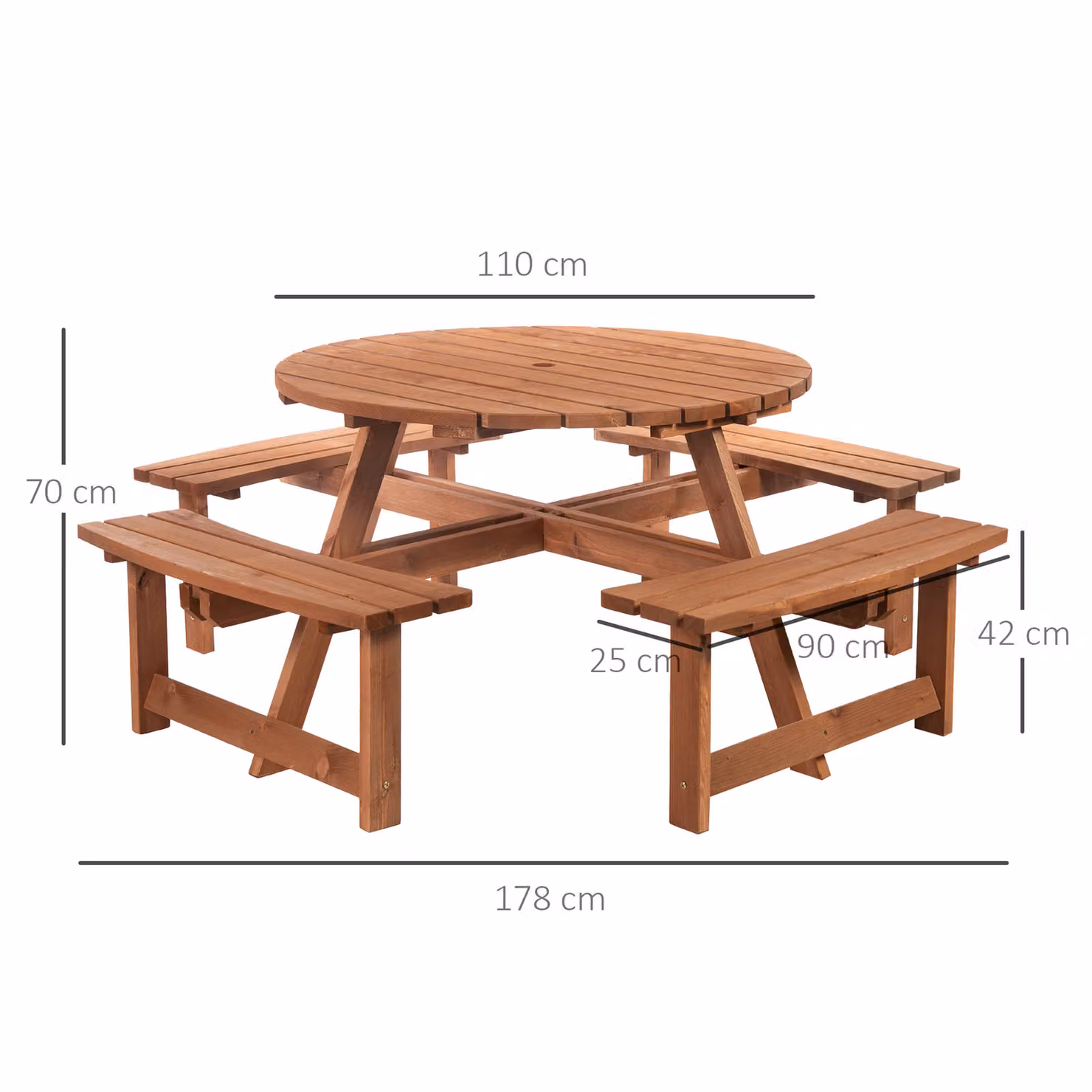 Outsunny 8 Seater Round Wooden Picnic Table and Bench Set in Rustic Brown – 3