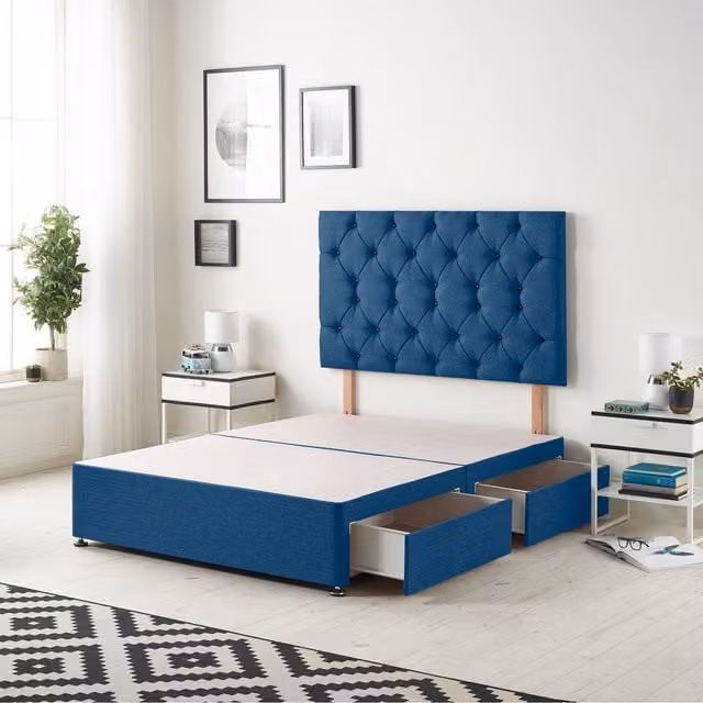 Somnior Beds Ltd Blue Velvet Upholstered Divan Bed Base with Drawers W/D/H: 180 x 200 x 34.5 cm