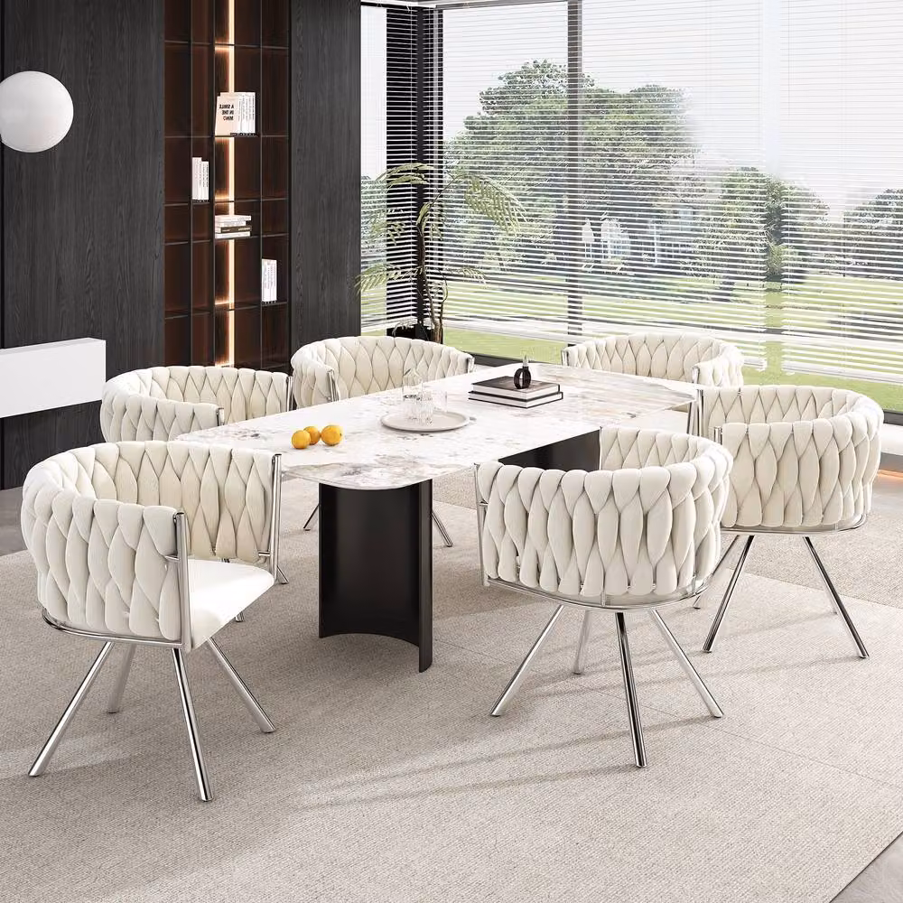 Rolipo Set of 4 Modern Velvet Swivel Dining Chairs in Beige with Silver Metal Legs – 2