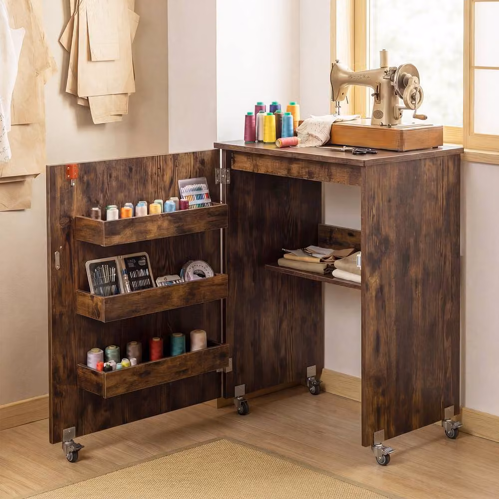 Costway Folding Sewing Table and Mobile Sewing Machine Desk with Castors, Brown – 3
