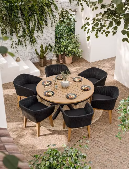 Royalcraft Tuscany 6 Seater Dining Set with Round Teak Wood Table and Matt Black Powder Coated Aluminium Chairs