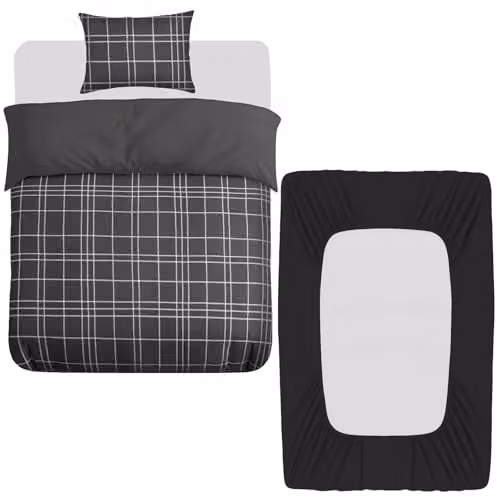 Grace 3 Piece Single Microfibre Duvet Cover Set with Fitted Sheet and Pillowcase, Reversible and Breathable, Black/Anthracite/Grey, W: 135 cm, H: 200 cm, Fitted Sheet: 90 x 190 cm, Depth: 40 cm – 1
