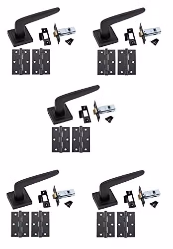 Golden Grace Venus Door Handles with Latch on Square Rose, Matt Black, 5 Sets – 1