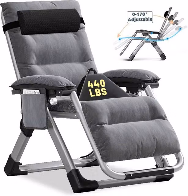 EONLION Grey Padded Zero Gravity Lounge Chair with Adjustable Headrest and Armrests