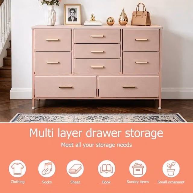 EONLION Pink Wide Chest of 9 Drawers with Gold Accents for your Bedroom or Living Room, Width: 100 cm