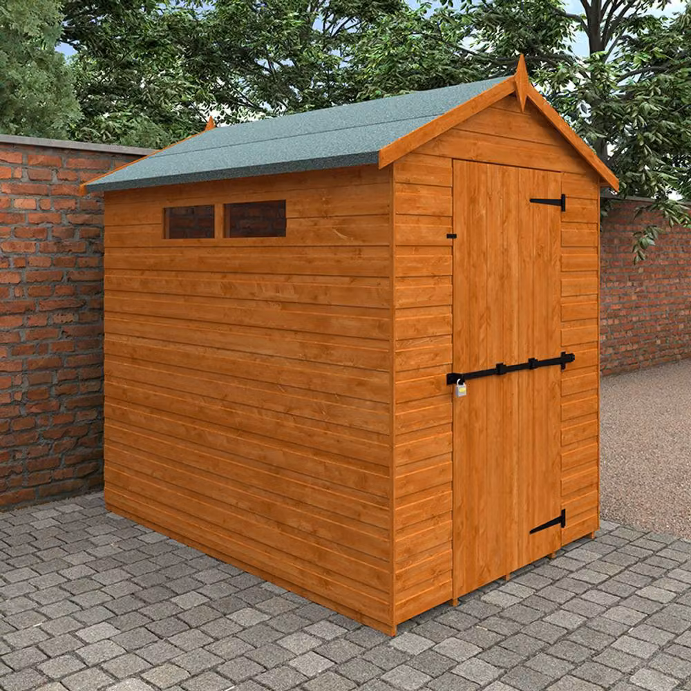 Buttercup Farm Security Apex 12mm Wooden Garden Shed in Burnt Orange, W/D/H: 213.38 x 152.4 x 182.88 cm