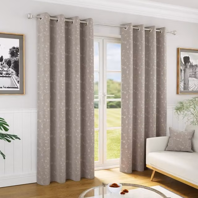 Enhanced Living Tivoli Natural Blackout Floral Eyelet Curtains, Grey and Beige, Width: 117 cm, Drop: 137 cm – 1