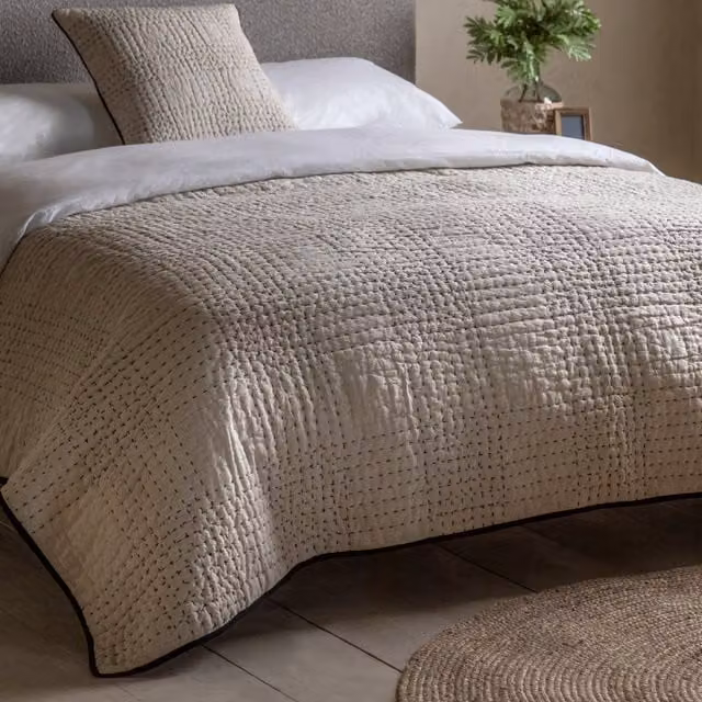 Terrys Matrix Cotton Bedspread Set in Beige and Black, W: 240 cm x H: 260 cm