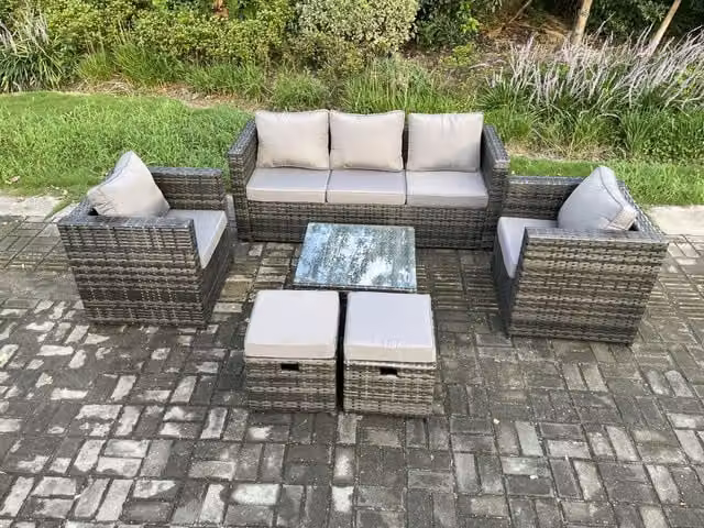 Fimous Wicker Rattan Garden Furniture Set in Dark Grey with Armchair, Square Coffee Table and 2 Ottomans