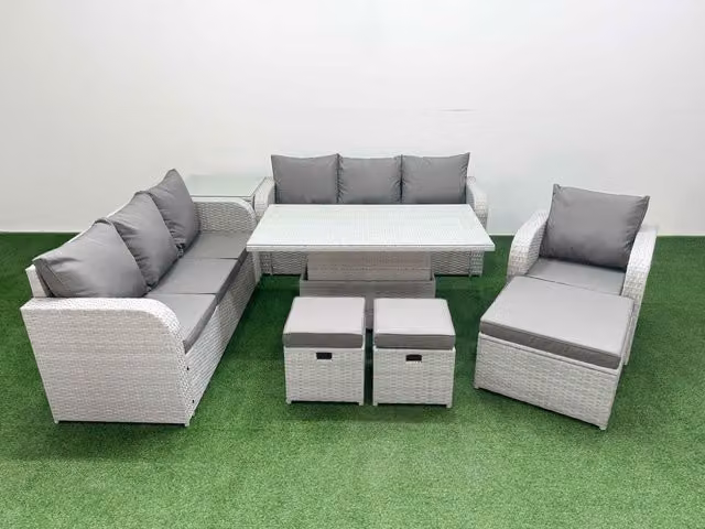 Fimous 10 Seater Poly Rattan Garden Furniture Set in Grey with Adjustable Lifting Table, 3 Seater Sofa, and Reclining Chairs