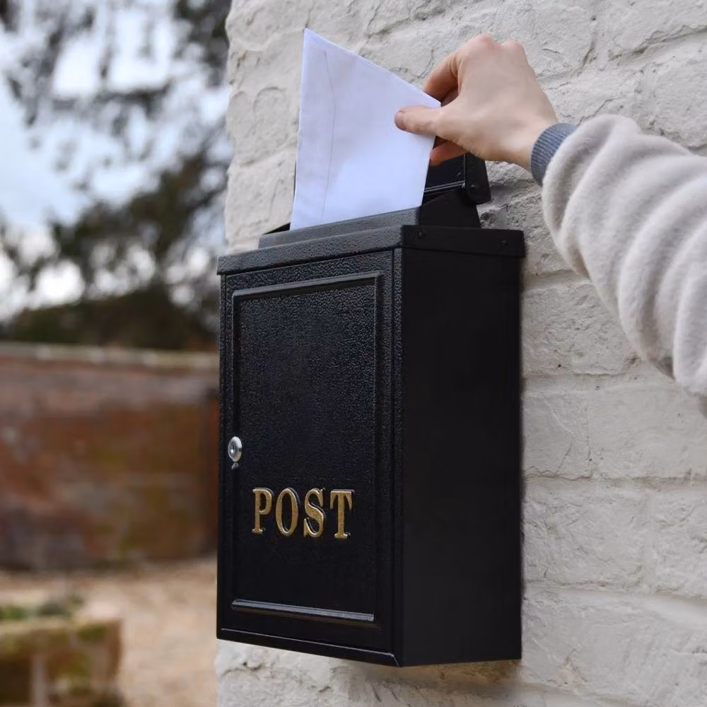 NESTLUNE Black Wall Mounted Post Box with Gold Text – 2