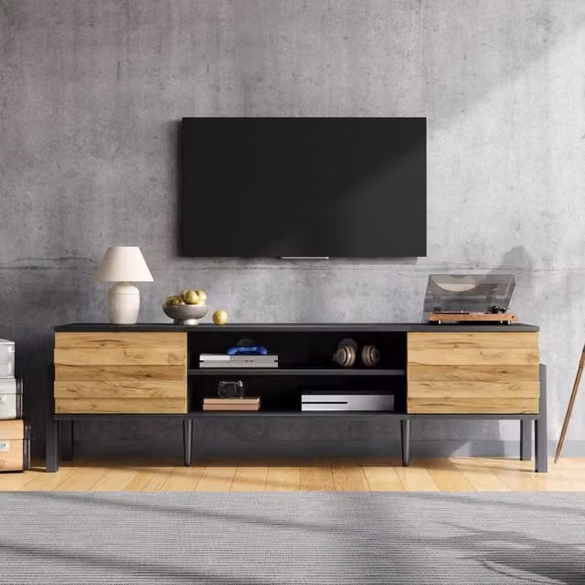 Rolipo Modern Scandinavian Wood and MDF TV Stand in Natural and Black, Width: 175 cm – 1