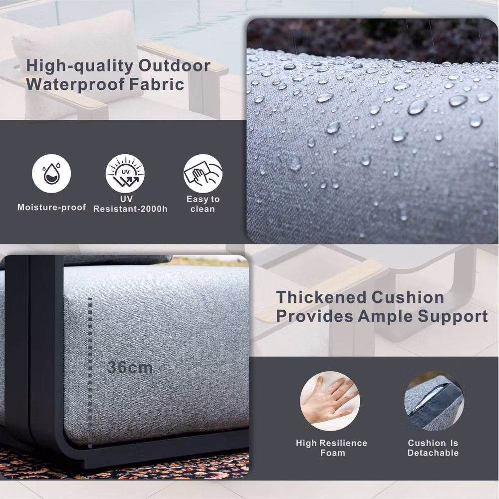 MIMO Garden 7-Seater Grey Powder Coated Aluminium Garden Sofa Set with Teak Armrests, U-Shape Lounge Armchairs, Outdoor Sofas and Coffee Table with Upholstered Cushions – 2