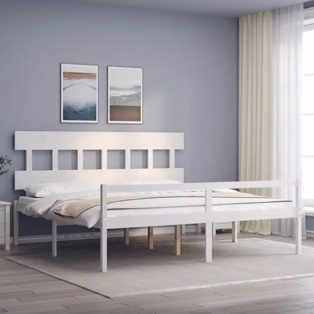 Berkfield Home White Solid Pine Wood Bed Frame with Headboard 200 x 200 cm – 1