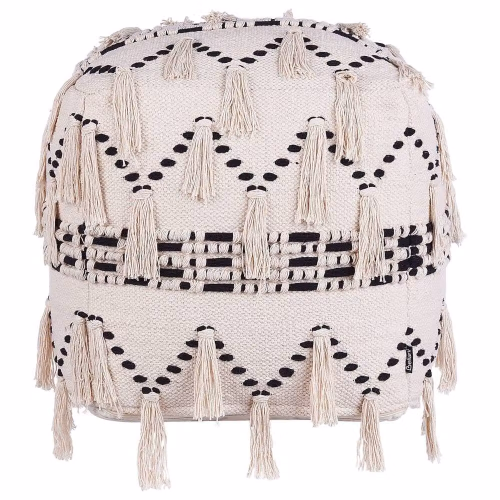 Wyld and Coco Boho Cube Pouffe in Beige and Black Knit Fabric, W/D/H: 45 x 45 x 45 cm – 2