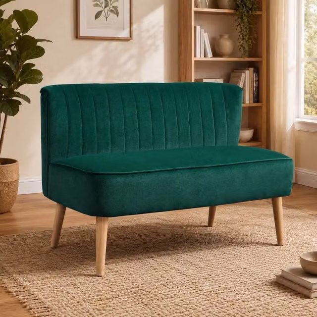 STILVORA Two-Seater Velvet Upholstered Sofa in Green with Rubberwood Legs