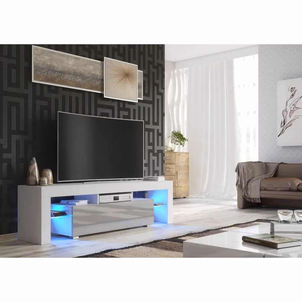 Mex Furniture LTD Aria TV Unit in White and Grey Gloss with LED Lights, W: 160 cm, D: 35 cm, H: 45 cm – 4