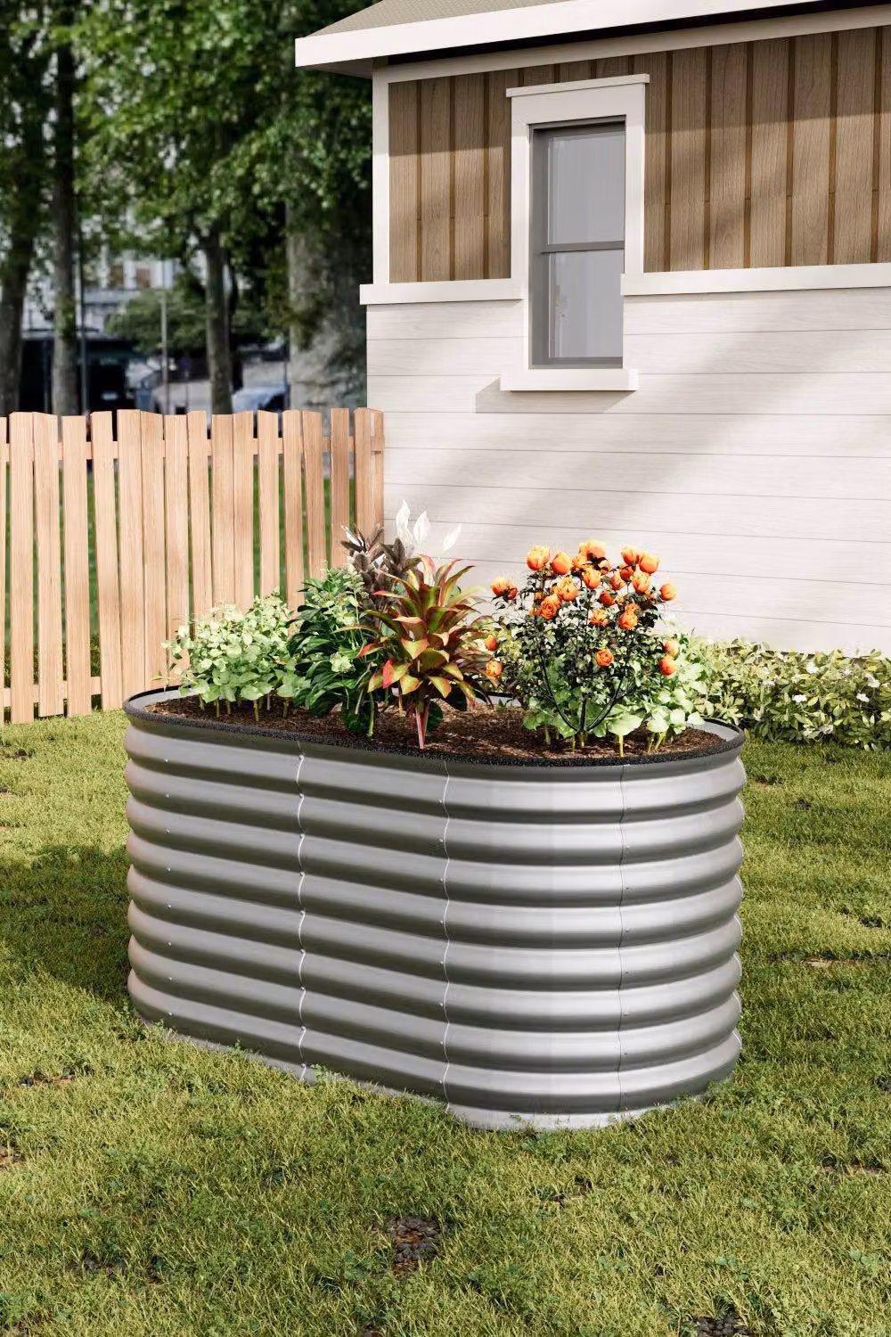 H&O Direct Silver Oval Galvanised Steel Raised Garden Bed W: 160 cm, D: 80 cm, H: 80 cm – 2