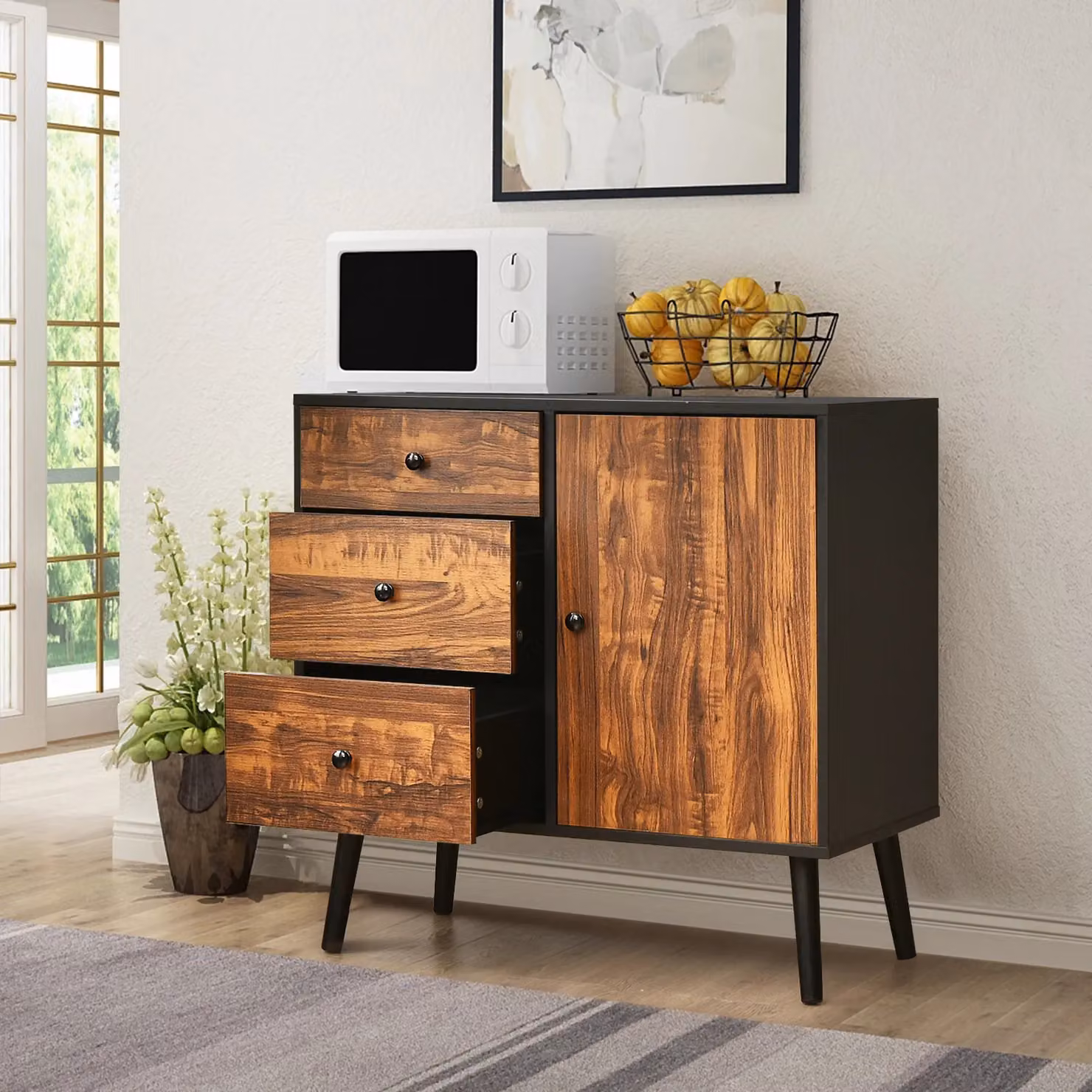 Costway Industrial Storage Cabinet, Brown Wooden Buffet Sideboard with 3 Drawers and Door – 3