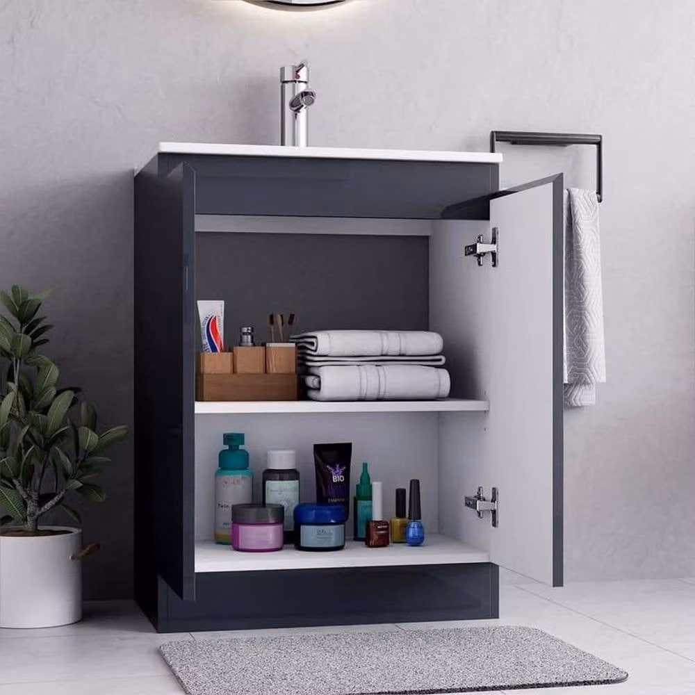 FORGEVIO Grey Modern Floor Standing Bathroom Vanity Unit with Basin and Soft Close Hinged Doors, Width: 60 cm – 4