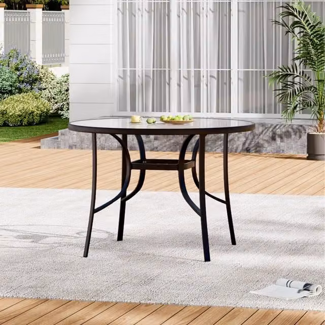 Livingandhome Modern Round Metal Garden Coffee Table with Glass Top in Black