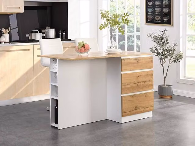 Vente-unique Central Kitchen Island with 6 Drawers and 4 Recesses in Light Natural Oak, W/D/H: 140 x 91 x 80 cm – 1