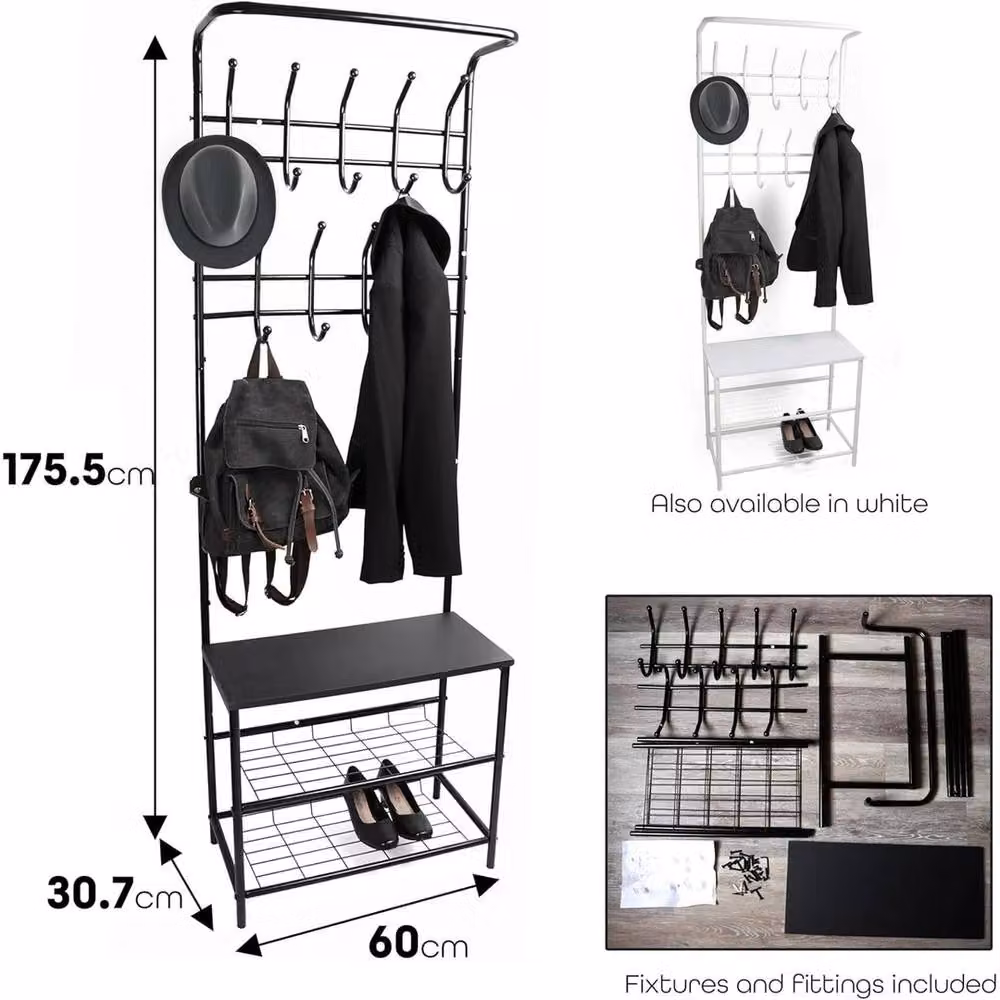 Kelvenix Matt Black Metal Hall Tree with Bench and Dual Hook and Rail Matrix – 2