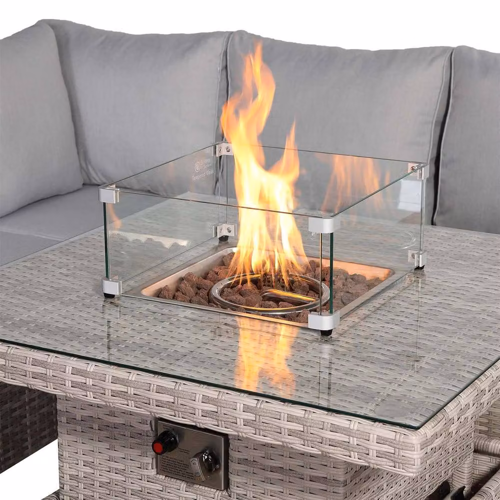 Furnishings For Less UK Rattan Corner Garden Sofa Set with Rising Fire Pit Table in Grey, W/D/H: 215 x 215 x 75 cm – 2