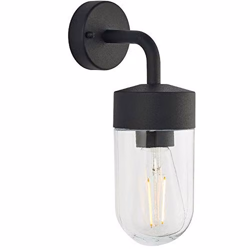 Loops IP44 Outdoor Wall Light, Black Stainless Steel and Transparent Glass Maritime Lantern, Dimmable – 1