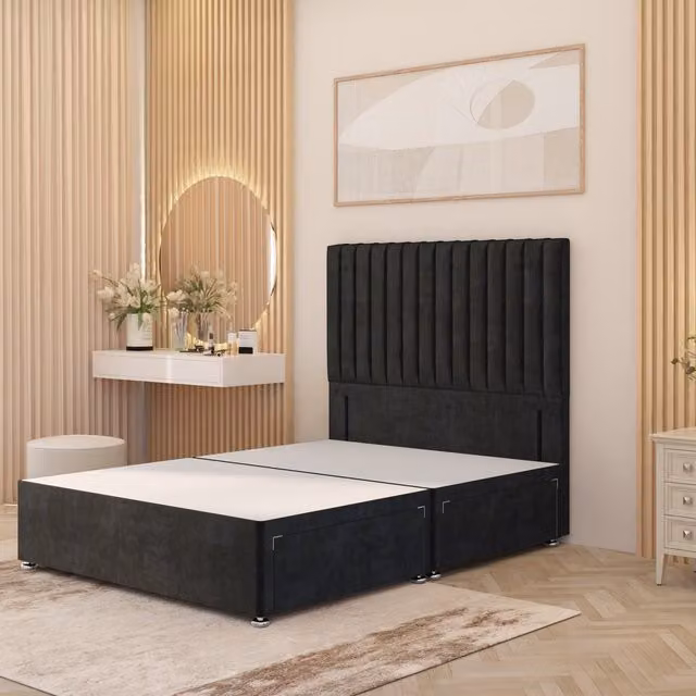 Somnior Beds Ltd Verona Divan Bed Base with 54 inch Floor Standing Headboard in Black Plush Velvet with Drawers, W/D/H: 180 x 200 cm