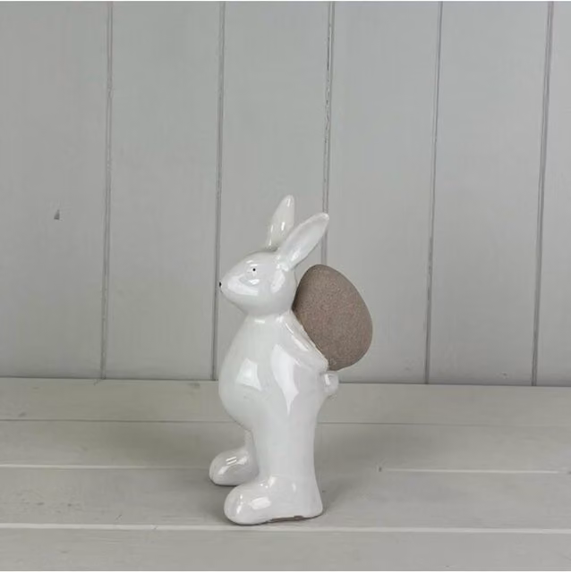KDMD Whimsical White Ceramic Rabbit Holding an Egg Tabletop Decoration