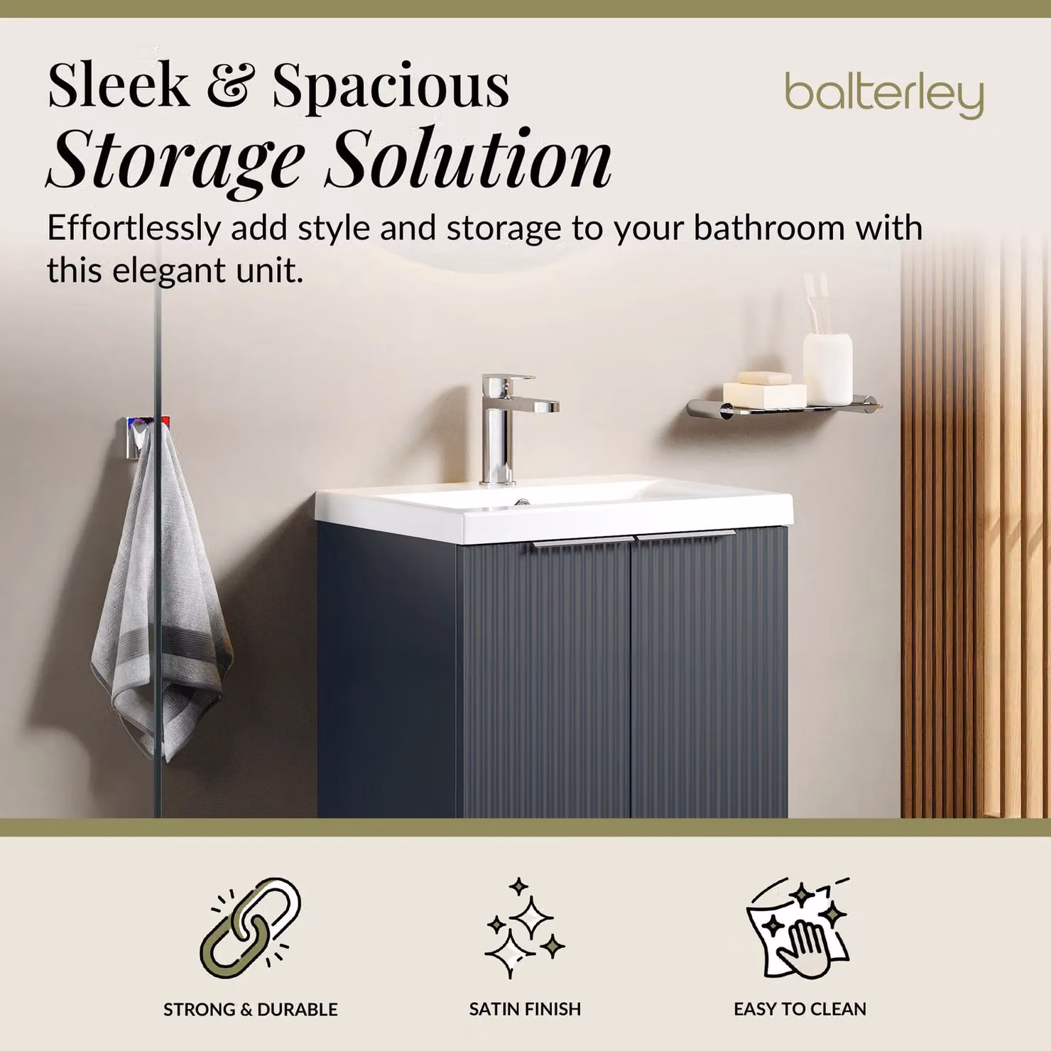 Balterley Fluted Front Floor Standing 2 Door Vanity Basin Unit in Dark Grey, W: 50 cm, H: 85 cm – 2