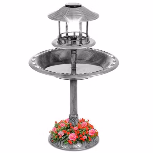 Gr8 Garden Grey Plastic Pedestal Wild Bird Bath and Solar Powered Garden Ornament
