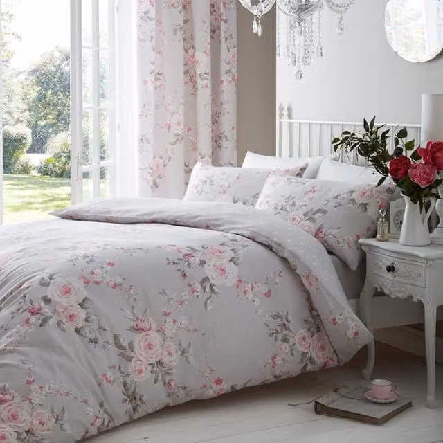 Catherine Lansfield Canterbury Floral Cotton Duvet Cover Bedding Set in Grey and Pink