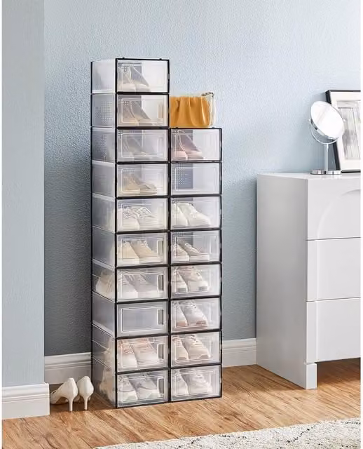 SONGMICS Pack of 18 Black Stackable and Foldable Mesh Storage Organisers – 1