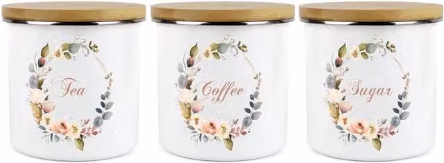 Purely Home Floral Wreath Ceramic Kitchen Canister Set of 3 in White