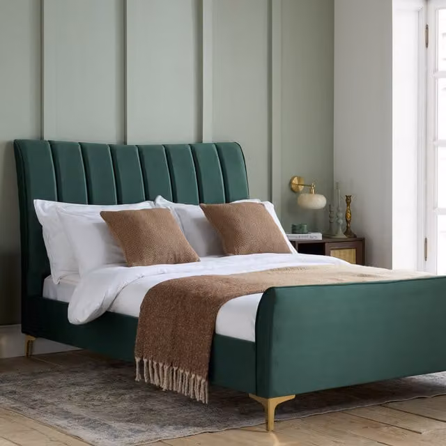 Birlea Clover Upholstered Velvet Double Bed in Green and Gold, W: 140 cm, D: 200 cm