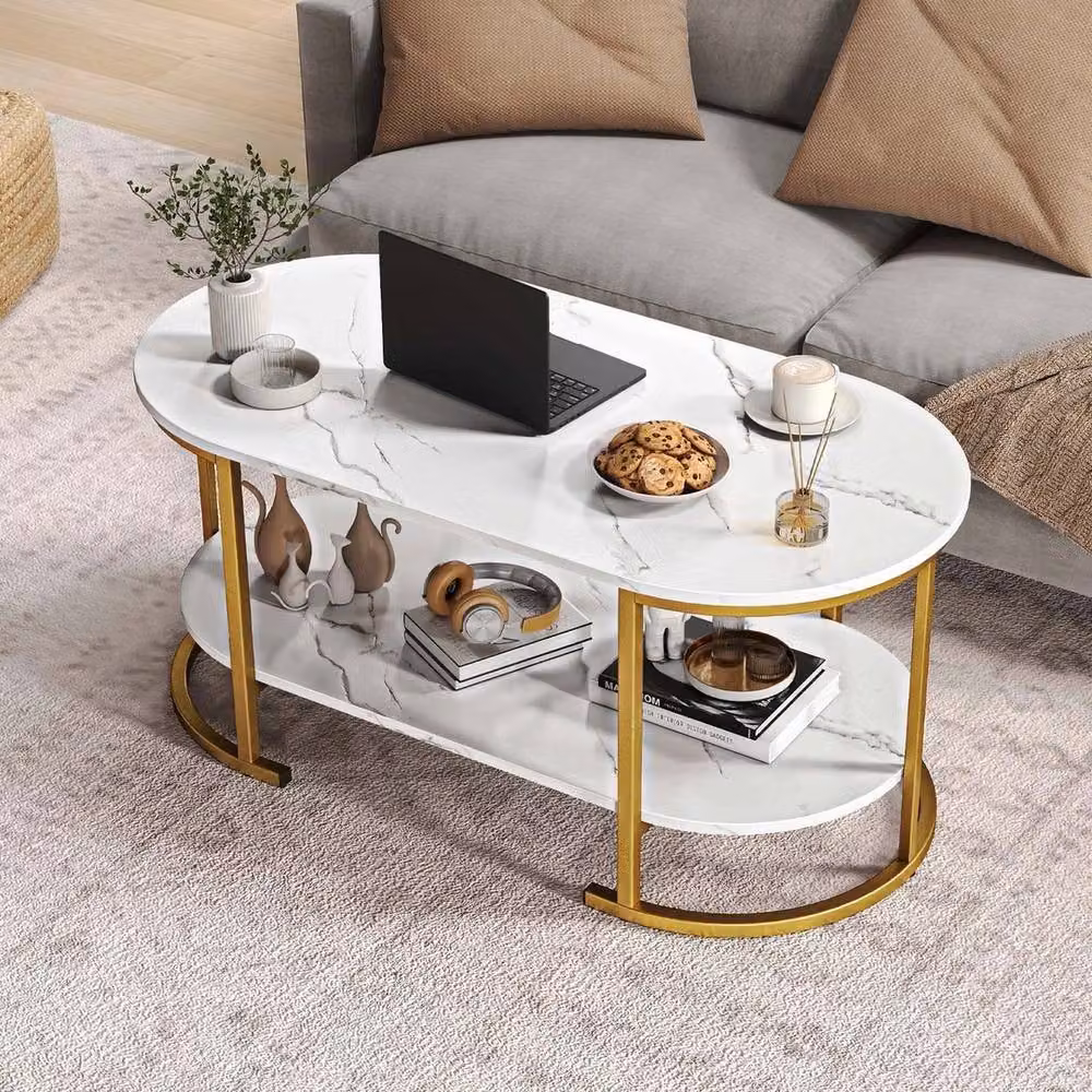 FORGEVIO Modern 2-Tier Living Room Centre Table with White Faux Marble Oval Top and Metal Sled Base – 2