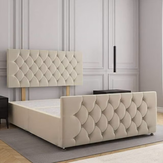 Regional Furnishings Plush Velvet Upholstered Divan Bed in Beige, Double, W/D/H: 140 x 200 cm