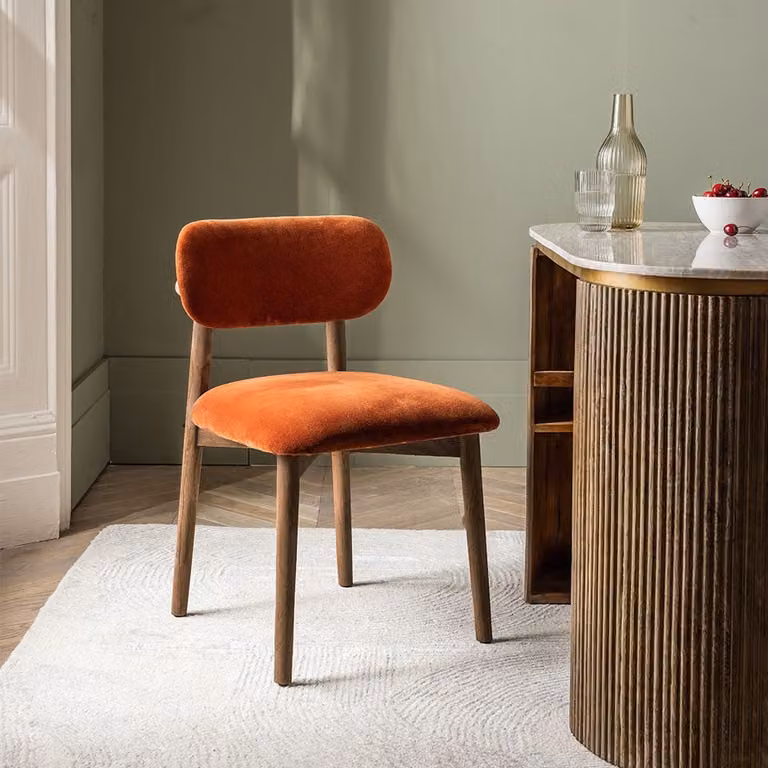 Atkin and Thyme Layla Dining Chair in Orange Velvet with Mango Wood Legs