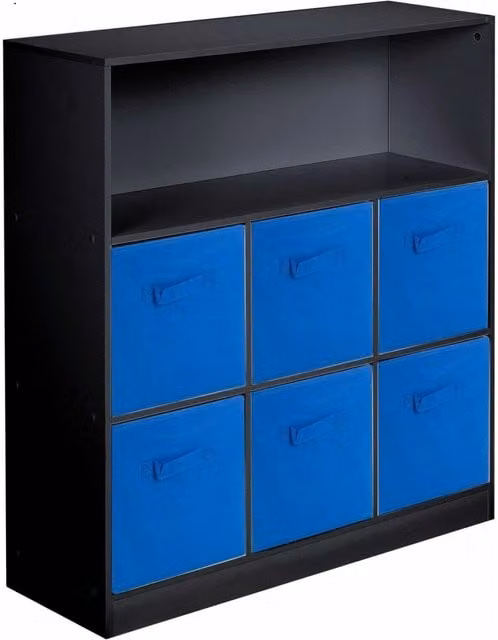 EONLION Black 7-Cube Wooden Storage Unit with Blue Drawers, H 88.0 cm x W 94.0 cm x D 30.0 cm