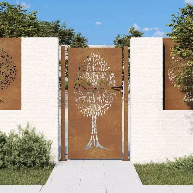 Berkfield Brown Corten Steel Garden Gate with Tree Design, W: 105 cm, H: 180 cm
