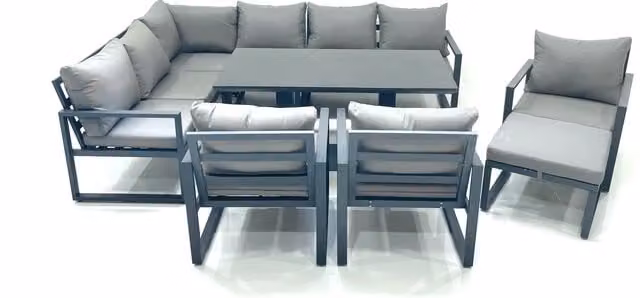 Fimous Aluminum Outdoor Garden Furniture Set in Dark Grey with Corner Sofa, Big Footstool, 3 Chairs and Height Adjustable Dining Table