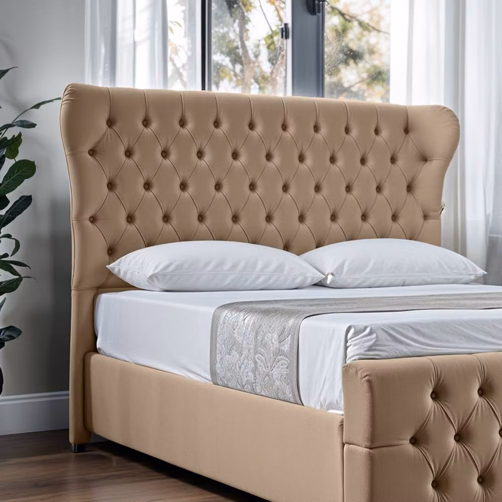 UK Bed Furniture Isabella Upholstered Slatted Base Bed with 48 Inch Wingback Headboard in Beige, W/D/H: 140 x 200 cm – 3