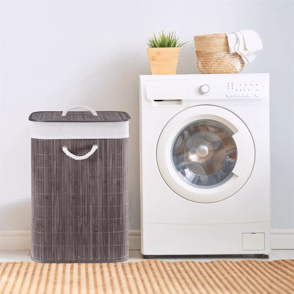 KORVIXA Bamboo Laundry Basket with Lid and Removable Bag in Grey, W/D/H: 100 x 100 x 60 cm – 3
